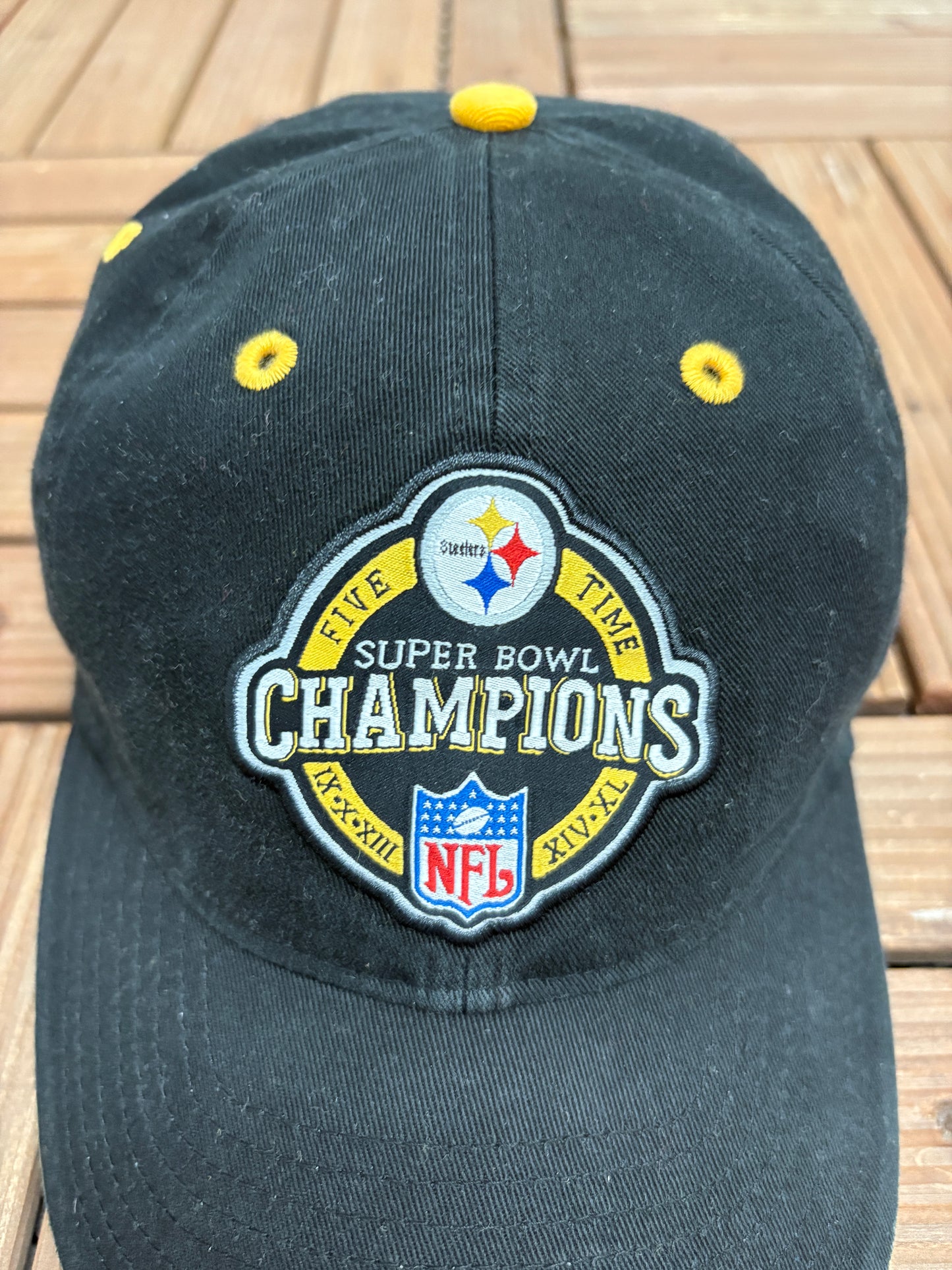 Pittsburgh Steelers Five Time Super Bowl Champions Hat | Strap Back | Vintage 2000s NFL Football Black Cap |