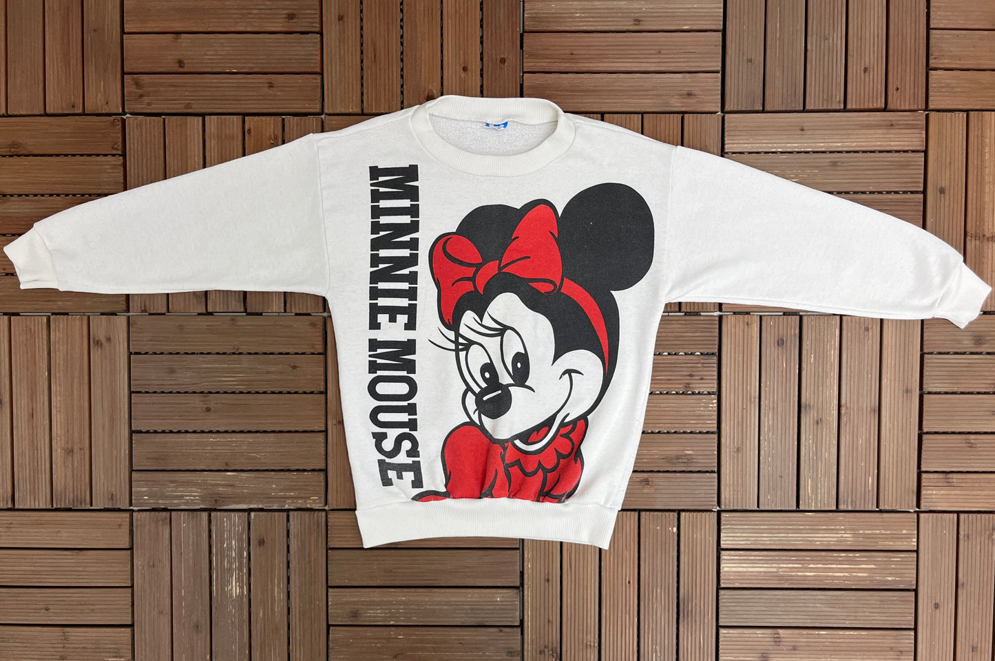 Minnie Mouse Big Print Graphic Crewneck | Size Small | Vintage 1990s Promotional Cartoon White Sweatshirt |