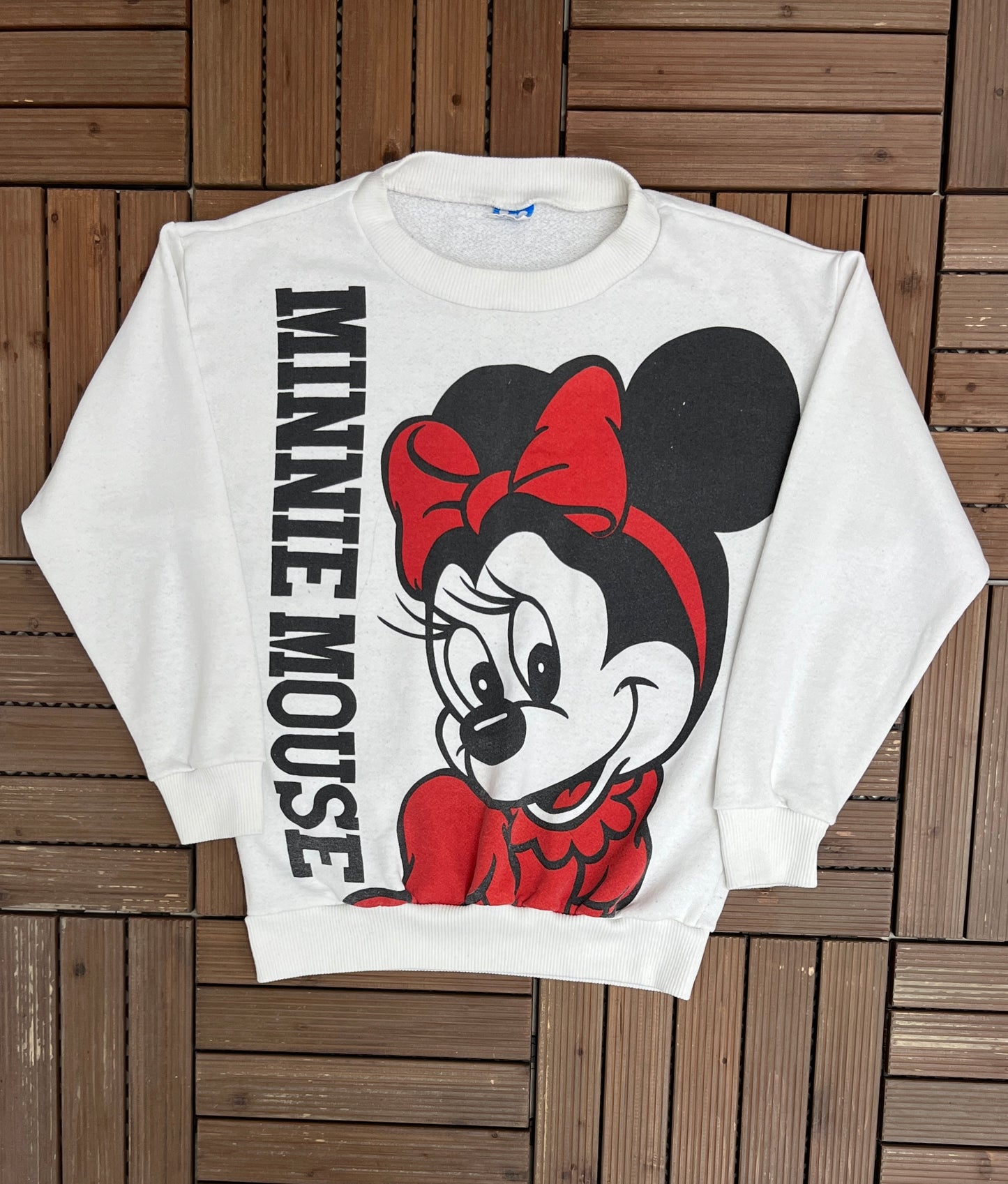 Minnie Mouse Big Print Graphic Crewneck | Size Small | Vintage 1990s Promotional Cartoon White Sweatshirt |