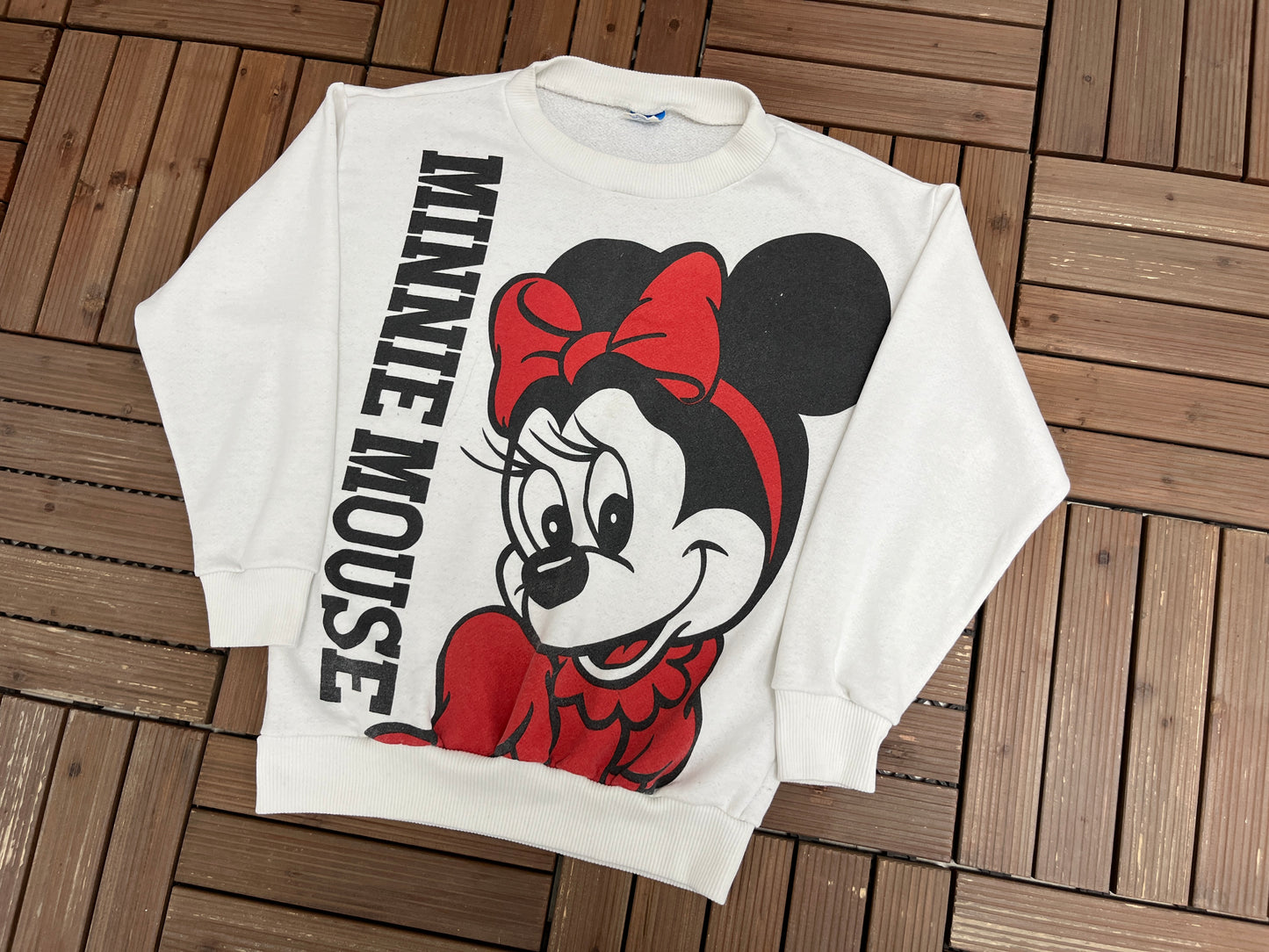 Minnie Mouse Big Print Graphic Crewneck | Size Small | Vintage 1990s Promotional Cartoon White Sweatshirt |