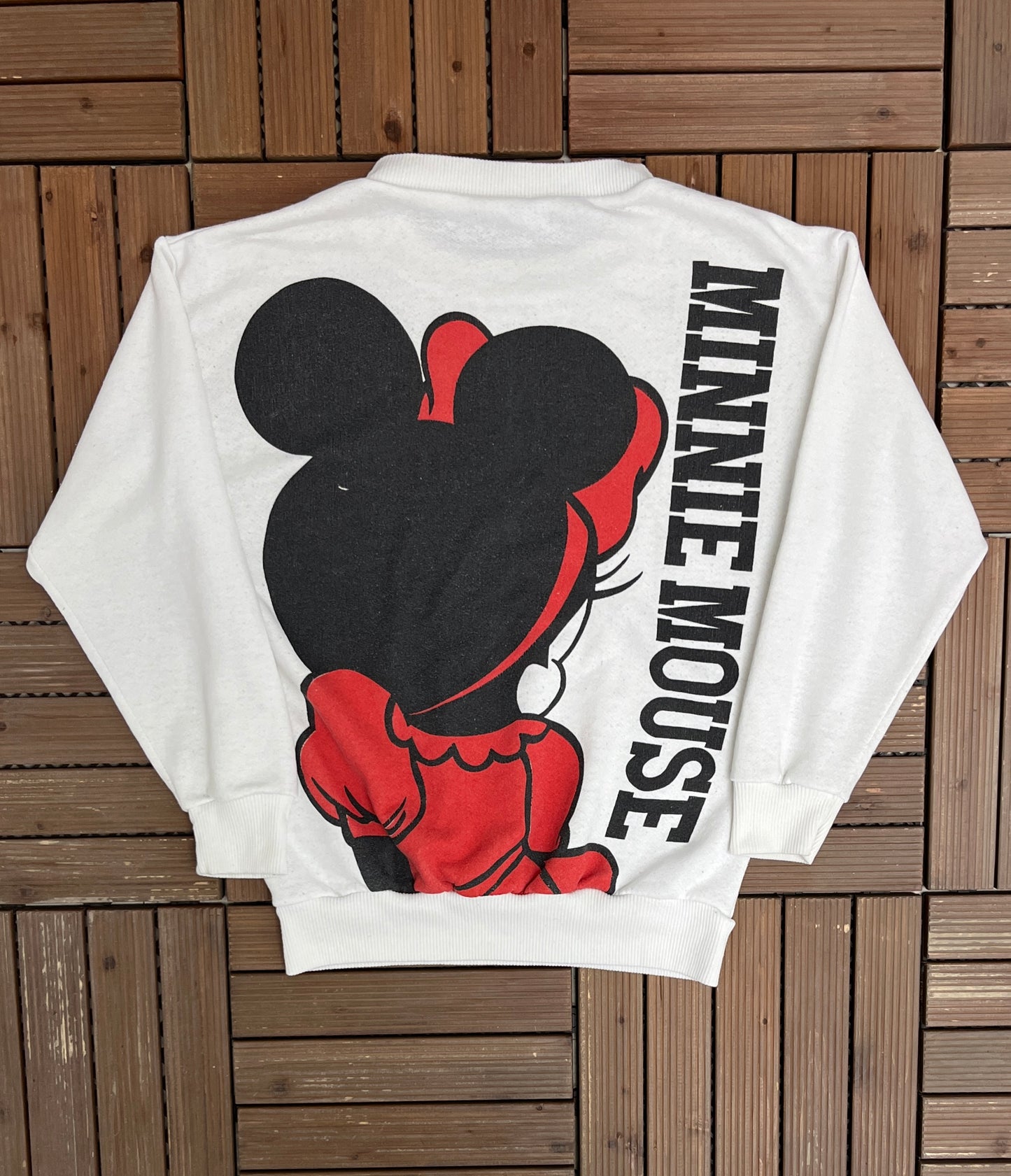 Minnie Mouse Big Print Graphic Crewneck | Size Small | Vintage 1990s Promotional Cartoon White Sweatshirt |