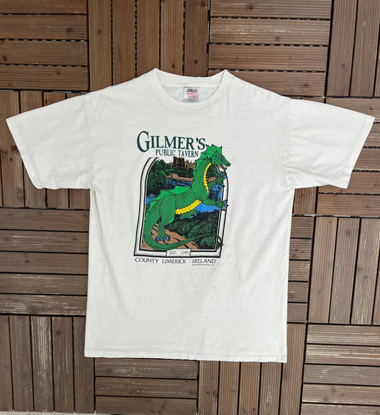 Gilmer's Public Tavern Ireland Graphic Tee | Size XX-Large | Vintage 1990s Promotional White T-Shirt |