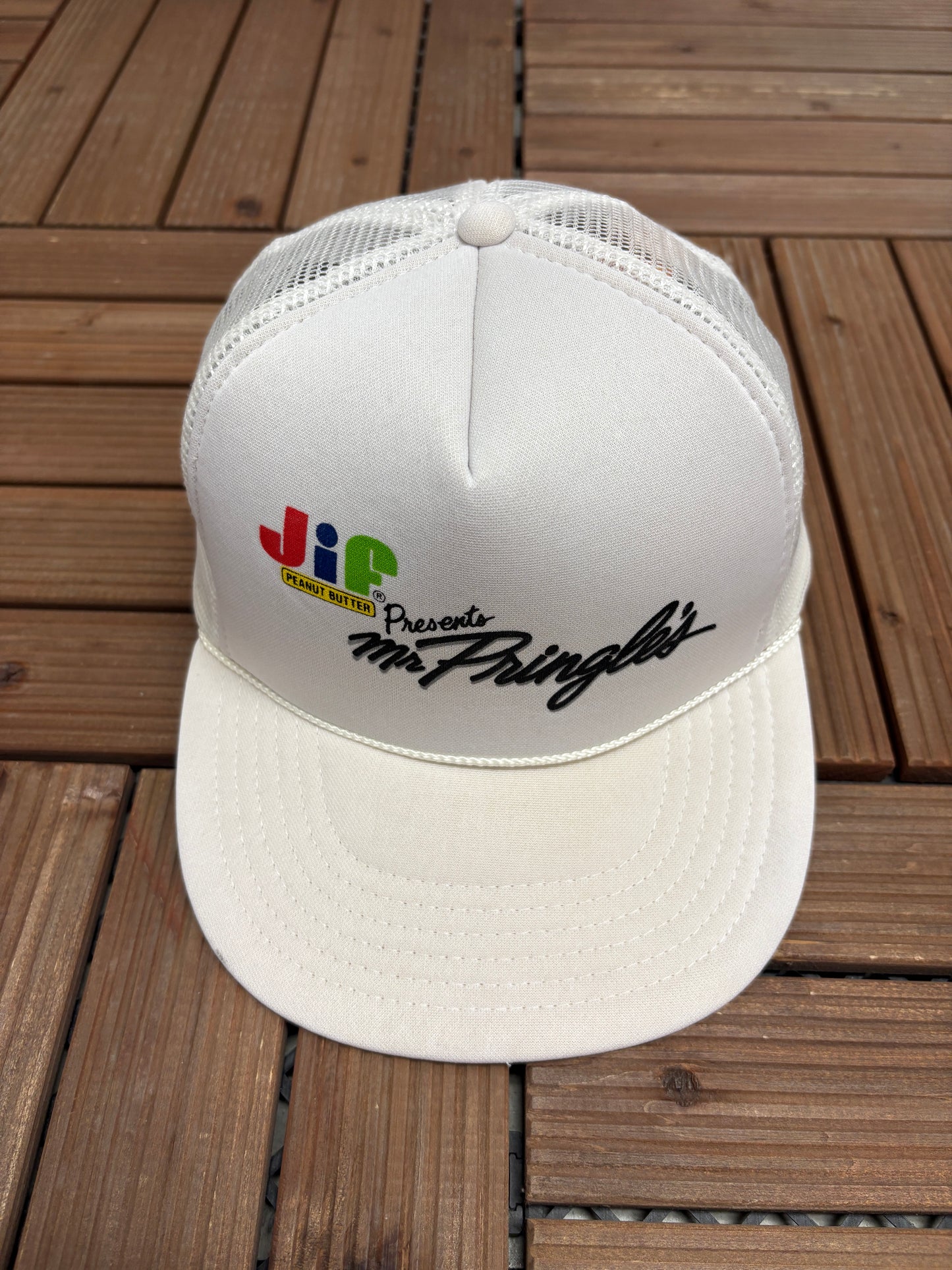 JIF Presents Mr. Pringles Graphic Hat | Snap Back | Vintage 1990s Promotional White Cap |