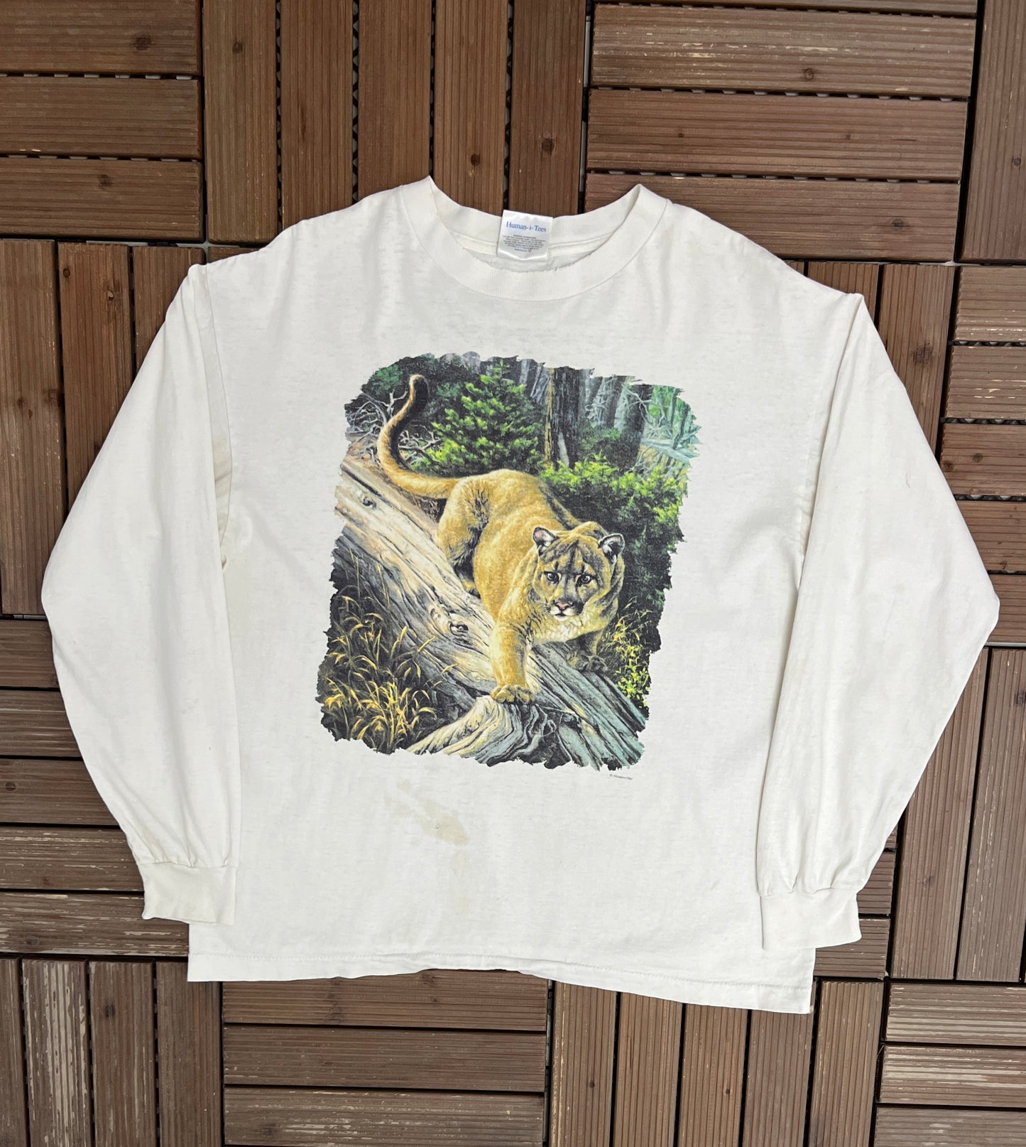 Lioness Human-i-Tees Graphic Tee | Size Large | Vintage 1990s Single Stitch White Long Sleeve |