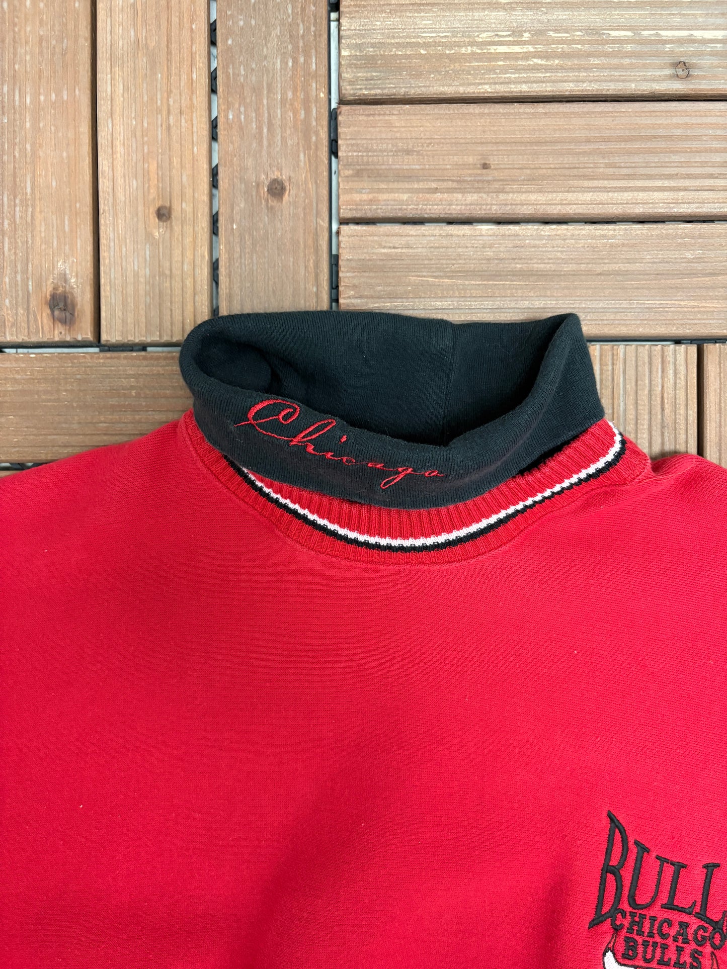 Chicago Bulls Embroidered Turtleneck Graphic Crewneck | Size X-Large | Vintage 1990s NBA Basketball Red Sweater |