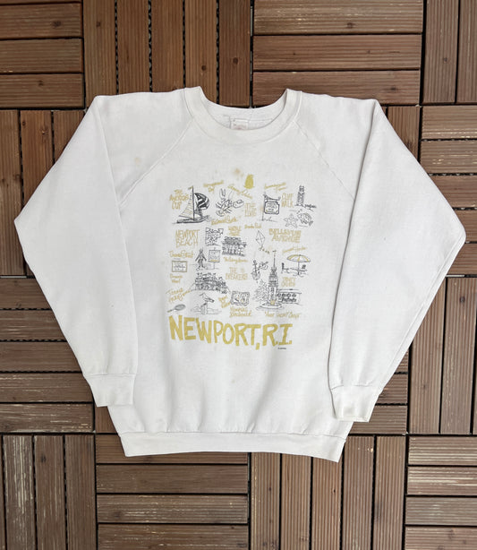 Newport, Rhode Island Graphic Crewneck | Size X-Large | Vintage 1980s White Tourist Sweater |