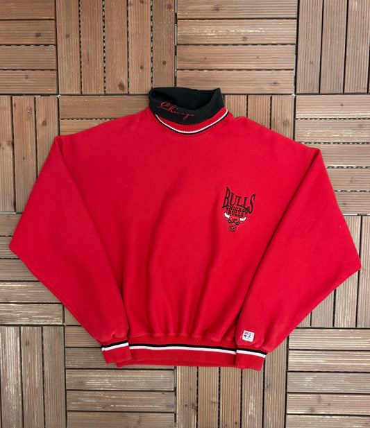 Chicago Bulls Embroidered Turtleneck Graphic Crewneck | Size X-Large | Vintage 1990s NBA Basketball Red Sweater |