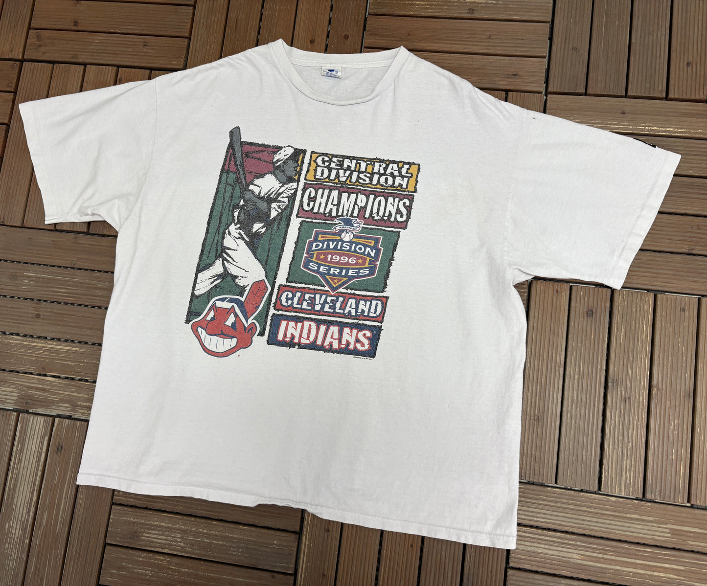 Cleveland Indians Central Division Champions 1996 Graphic Tee | Size XX-Large | Vintage 1990s MLB Baseball White T-Shirt |
