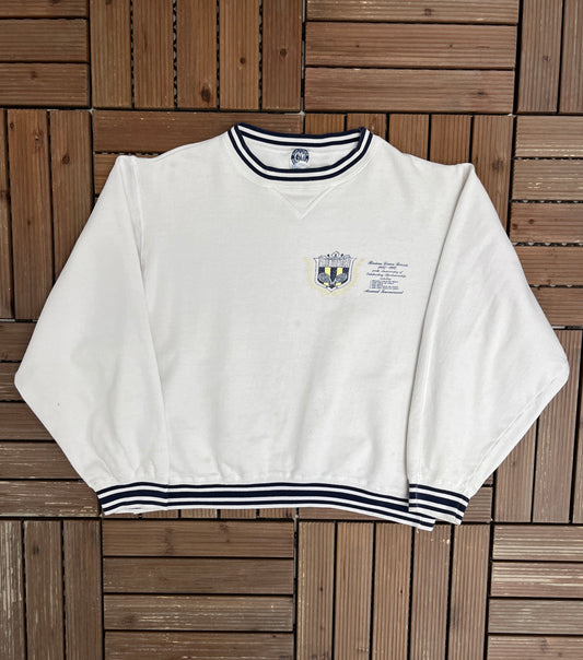 Club Monaco Riviera Tennis Tournament Graphic Crewneck | Size Medium | Vintage 1990s Branded White Sweater |