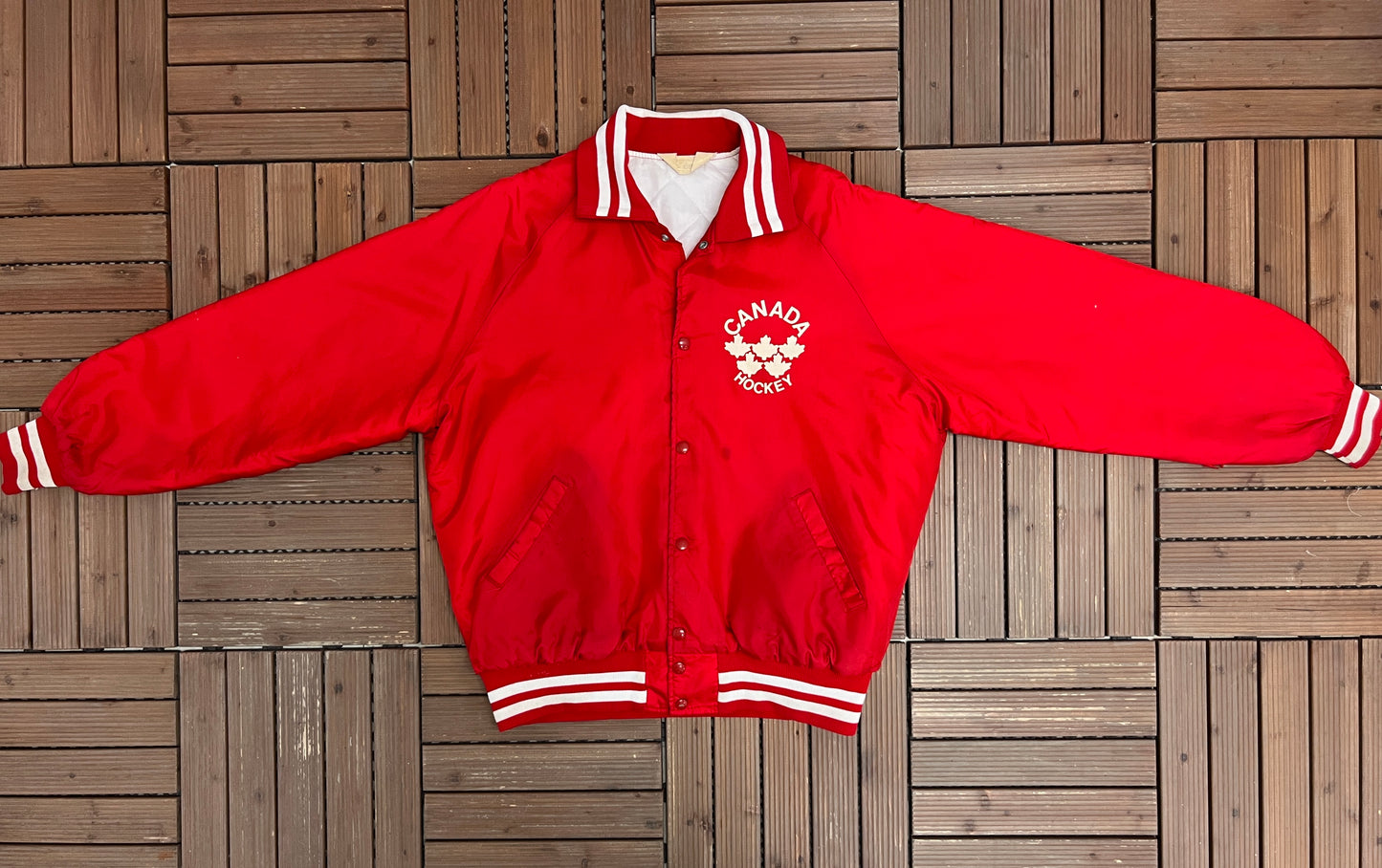 Canada Hockey Graphic Varsity Jacket | Size Large | Vintage 1990s Red Bomber Coat |