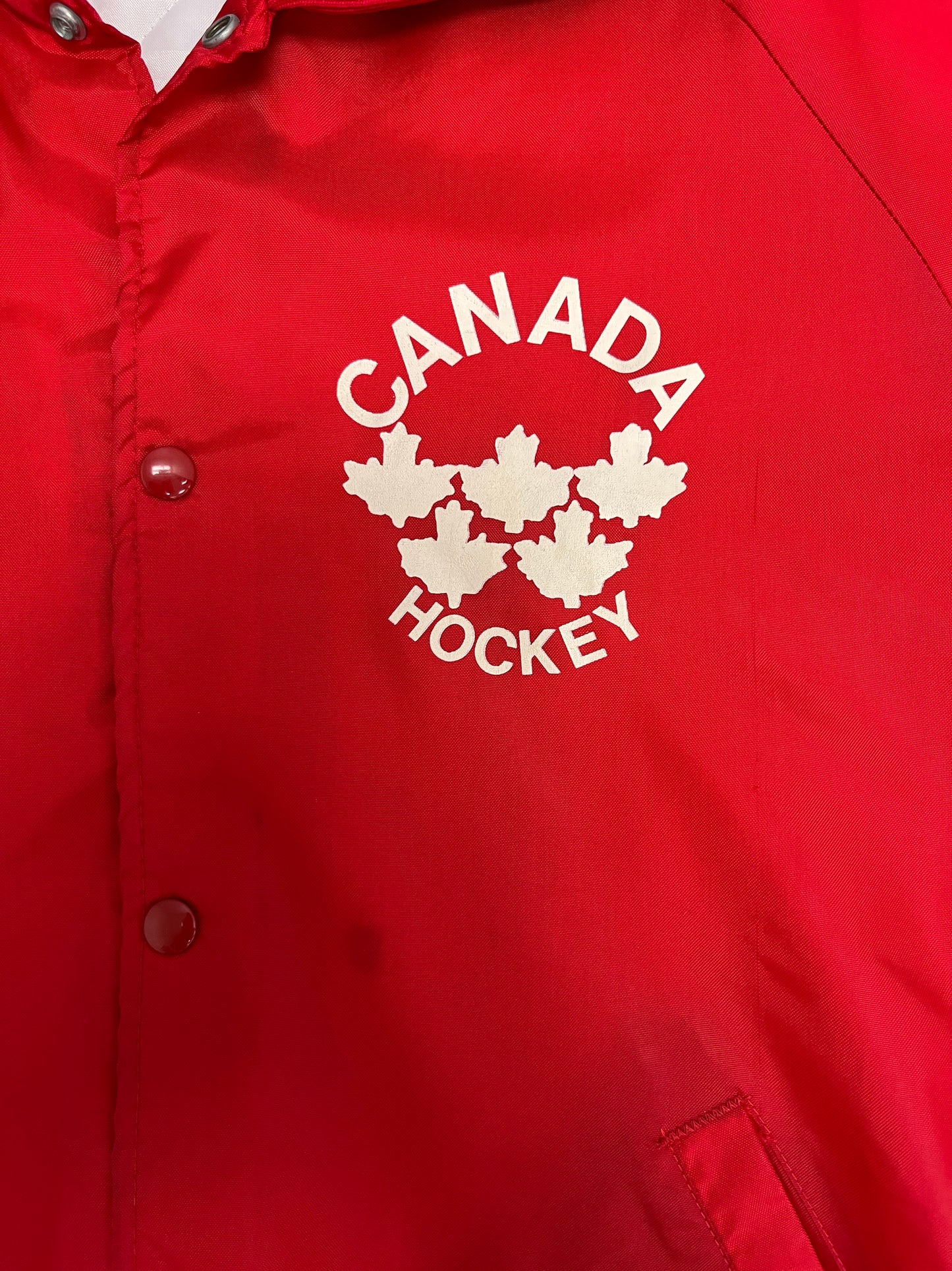 Canada Hockey Graphic Varsity Jacket | Size Large | Vintage 1990s Red Bomber Coat |