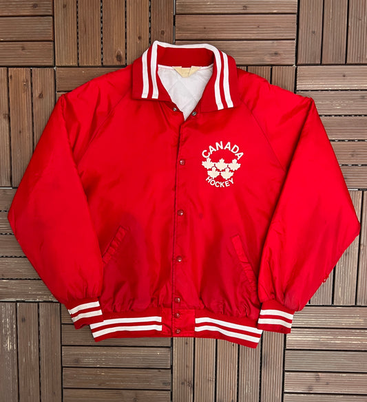 Canada Hockey Graphic Varsity Jacket | Size Large | Vintage 1990s Red Bomber Coat |