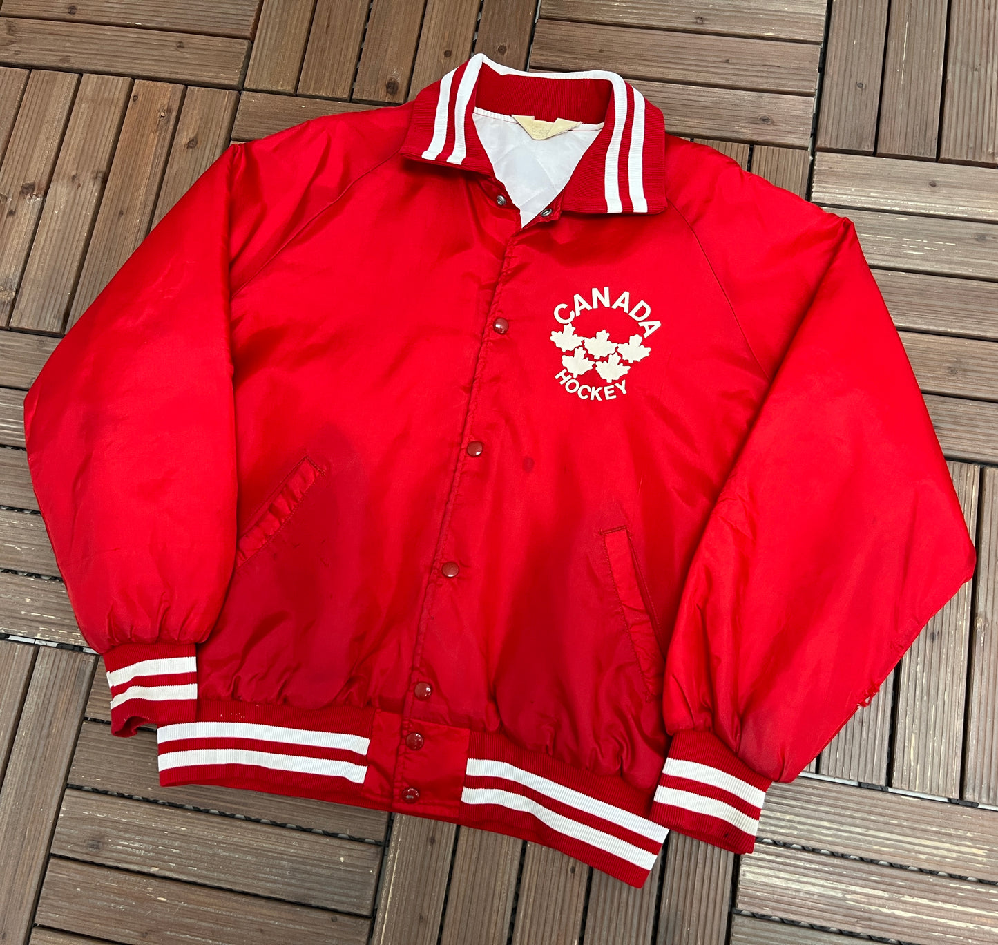 Canada Hockey Graphic Varsity Jacket | Size Large | Vintage 1990s Red Bomber Coat |