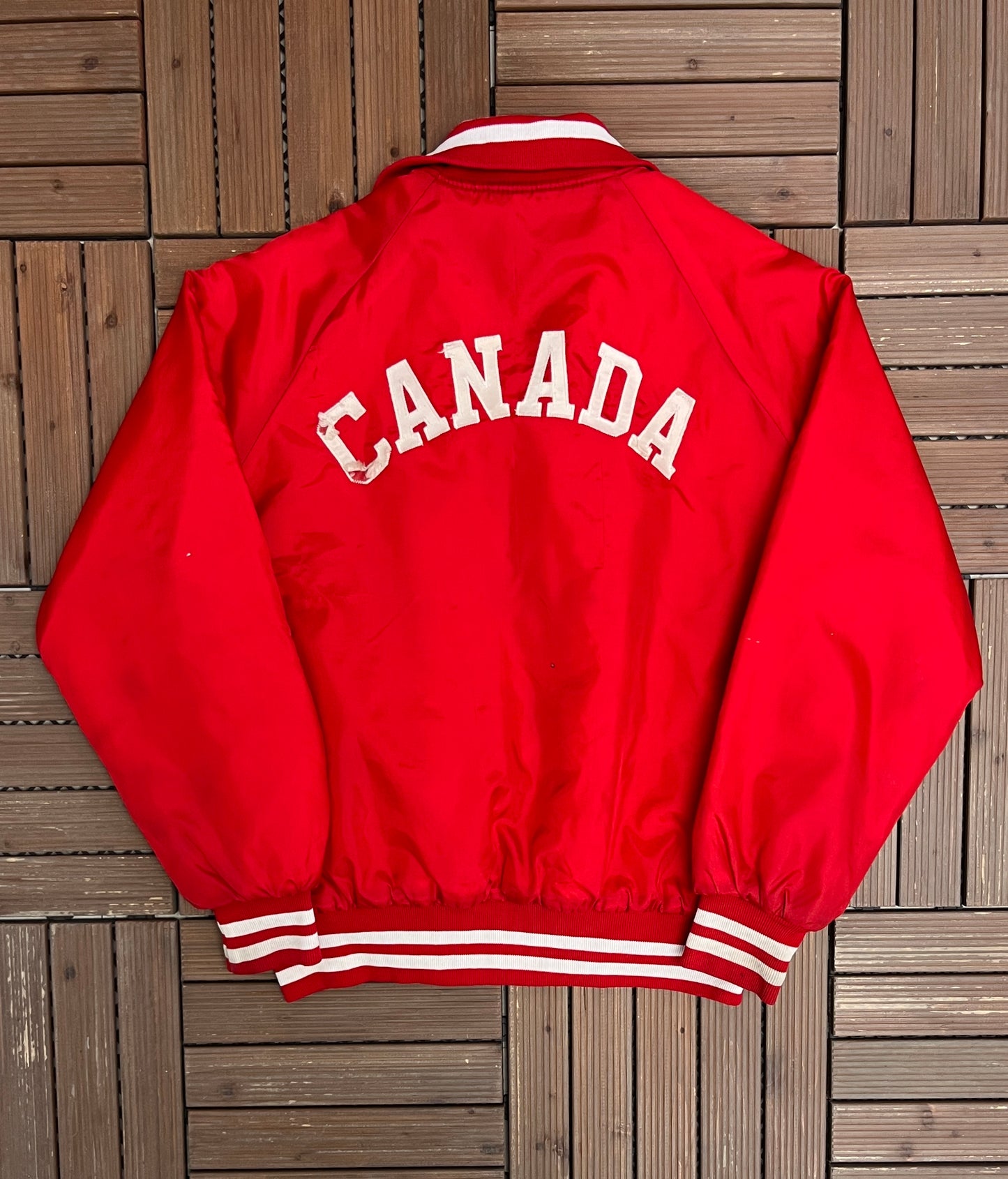 Canada Hockey Graphic Varsity Jacket | Size Large | Vintage 1990s Red Bomber Coat |