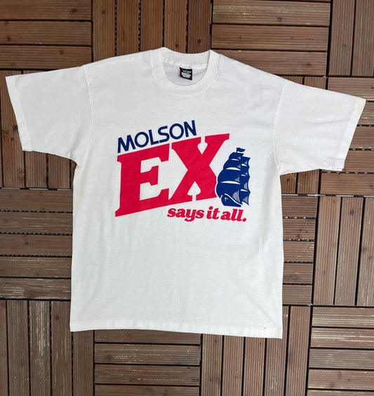 Molson Export Says It All Graphic Tee | Size X-Large | Vintage 1990s Beer Promotional White T-Shirt |