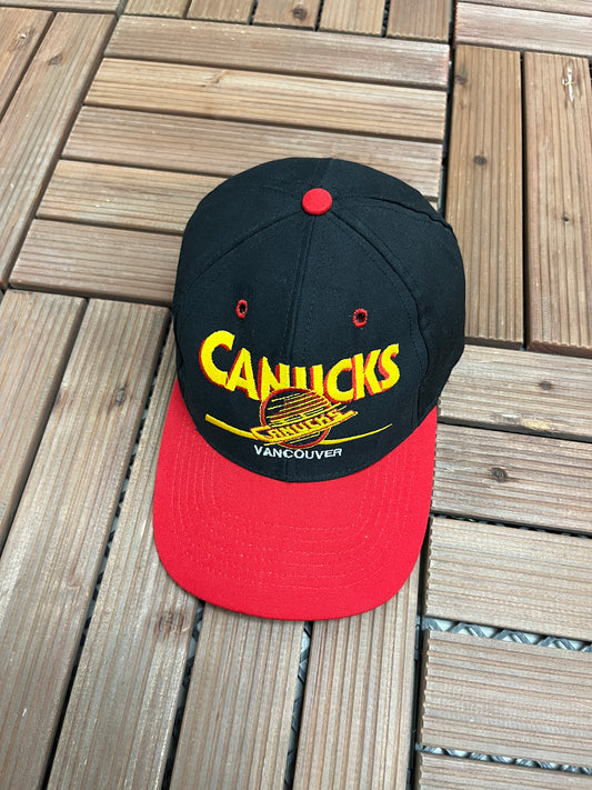 Vancouver Canucks Embroidered Graphic Hat | Snap Back | Vintage 1990s NHL Hockey Black Cap |