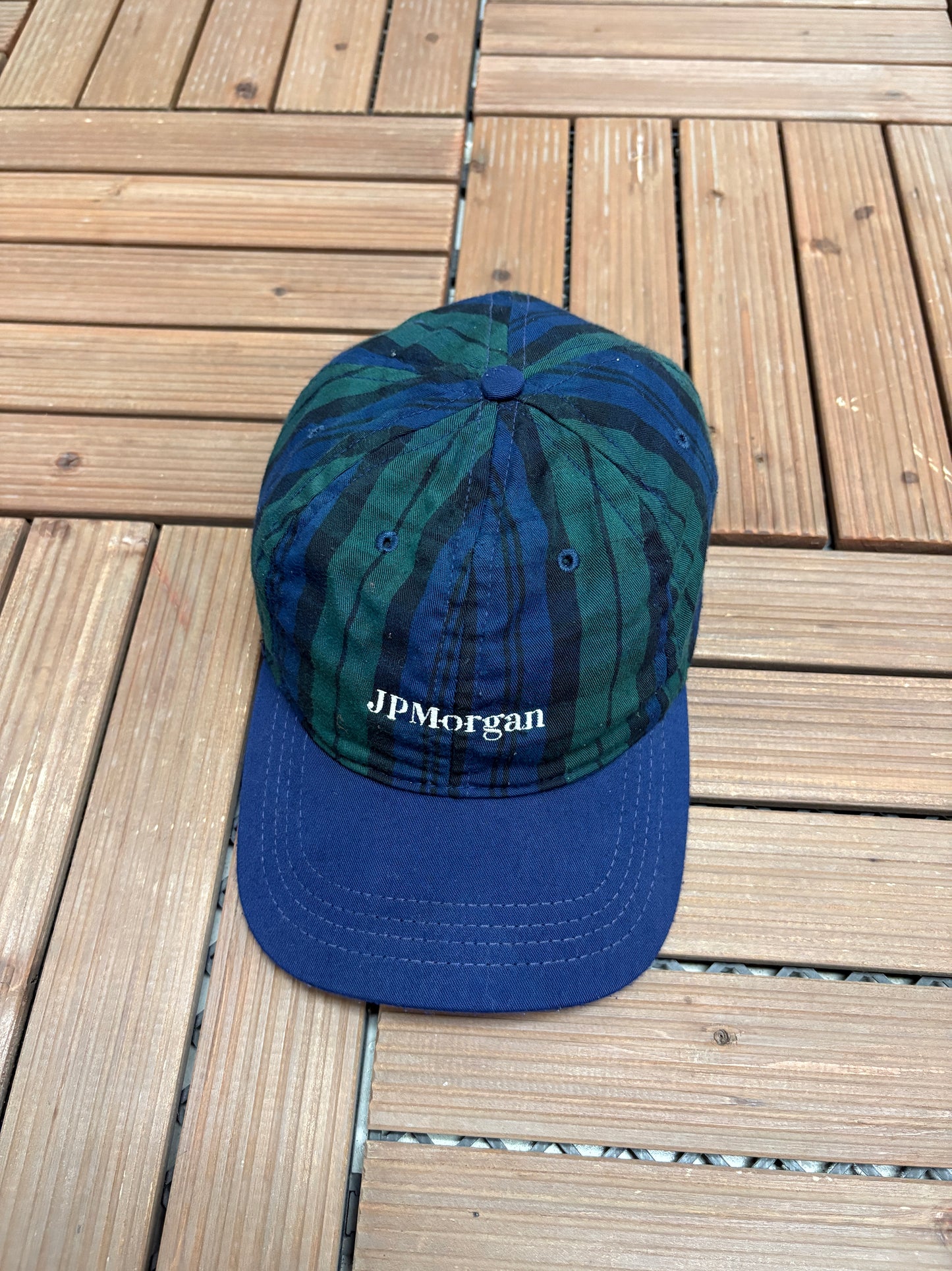 JPMorgan Embroidered Graphic Hat | Metal Clasp | Vintage 1990s Promotional Plaid Cap |