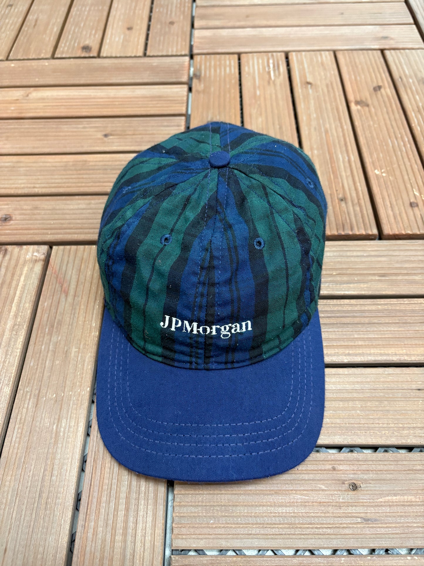 JPMorgan Embroidered Graphic Hat | Metal Clasp | Vintage 1990s Promotional Plaid Cap |