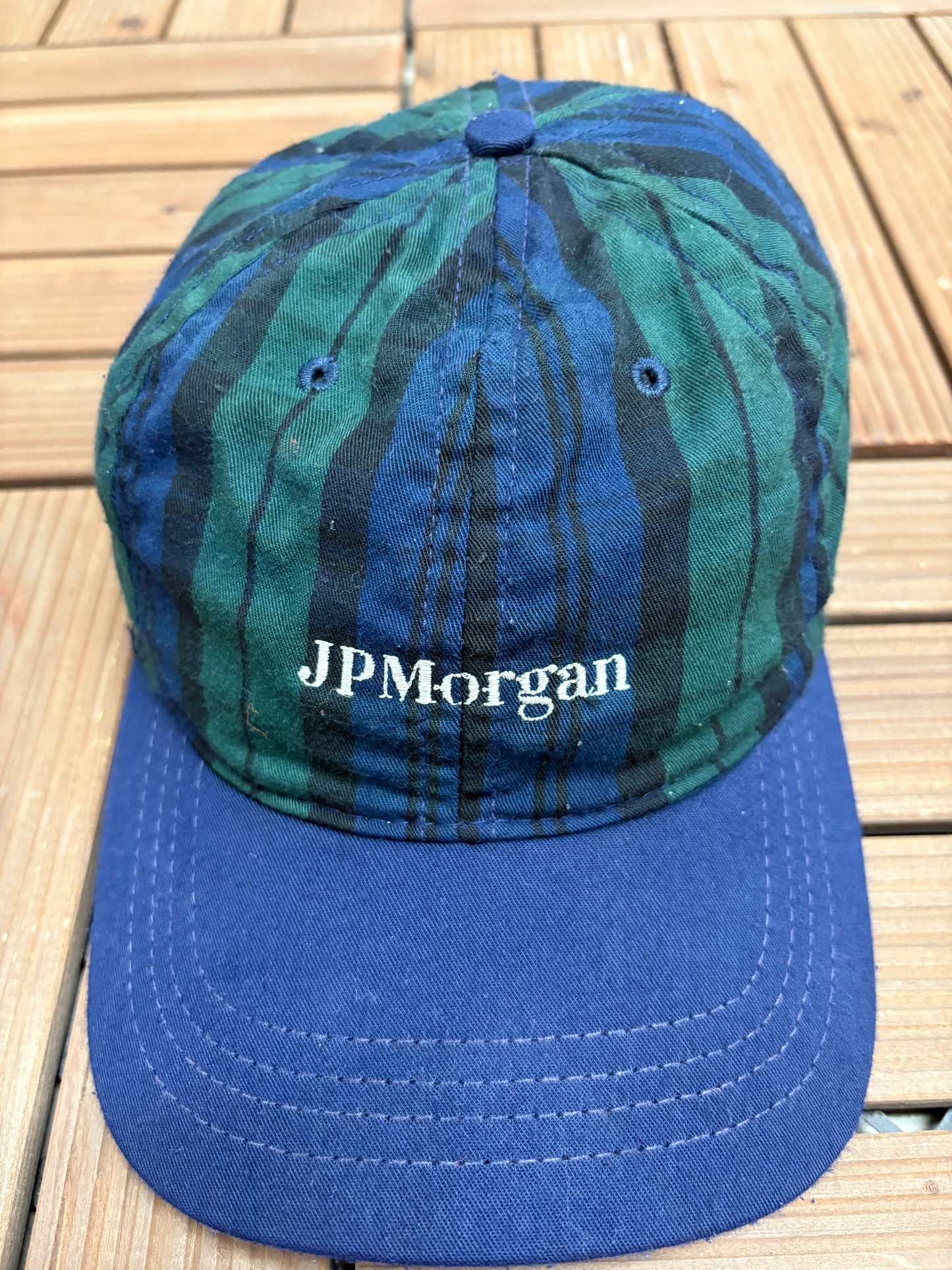 JPMorgan Embroidered Graphic Hat | Metal Clasp | Vintage 1990s Promotional Plaid Cap |