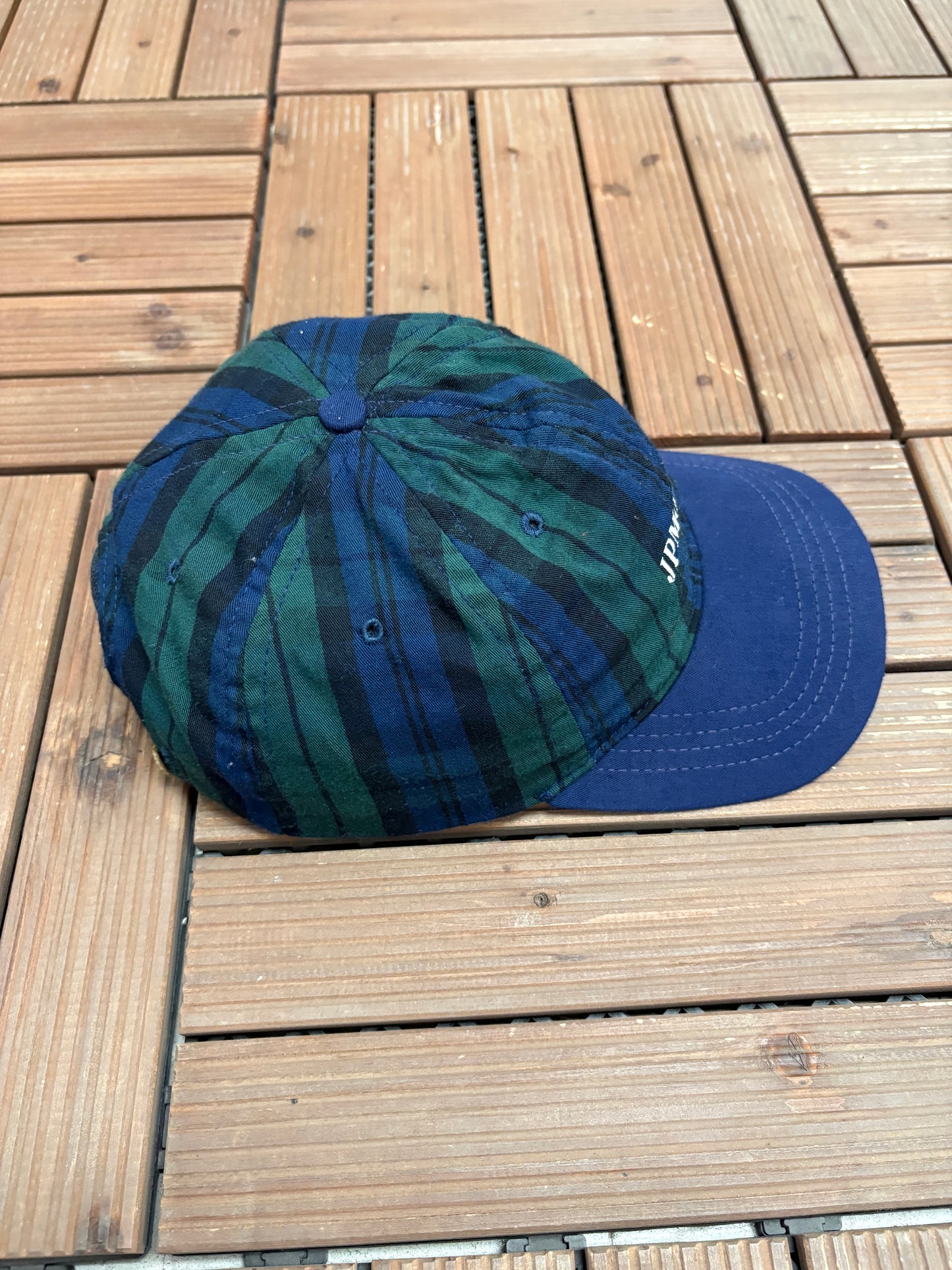 JPMorgan Embroidered Graphic Hat | Metal Clasp | Vintage 1990s Promotional Plaid Cap |