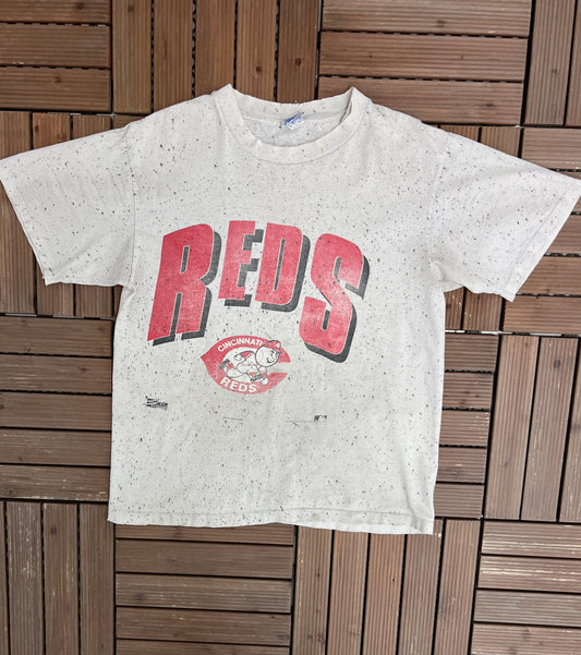 Cincinnati Reds Baseball Graphic Tee | Size Large | Vintage 1990s MLB Baseball Speckled T-Shirt |