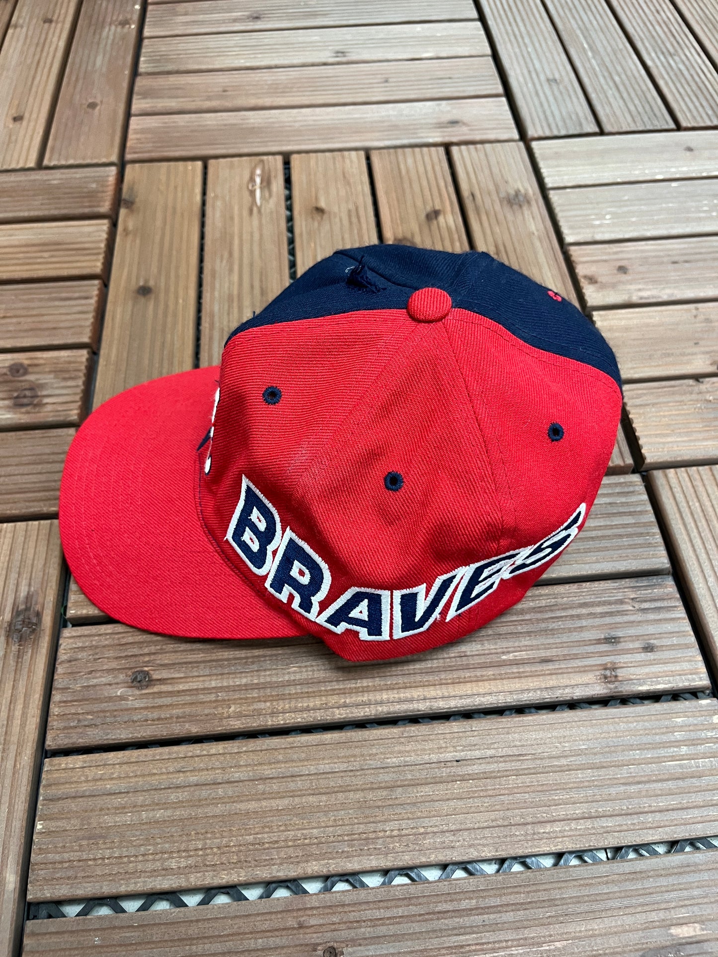 Atlanta Braves Embroidered Hat | Adjustable With Snap Back | Vintage 1990s MLB Baseball Red & Blue Cap |