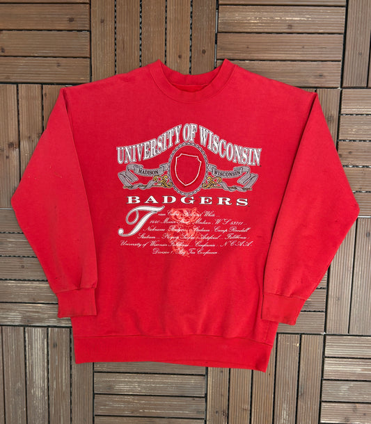 Wisconsin Badgers Graphic Crewneck | Size X-Large | Vintage 1980s College Sports Red Sweater |