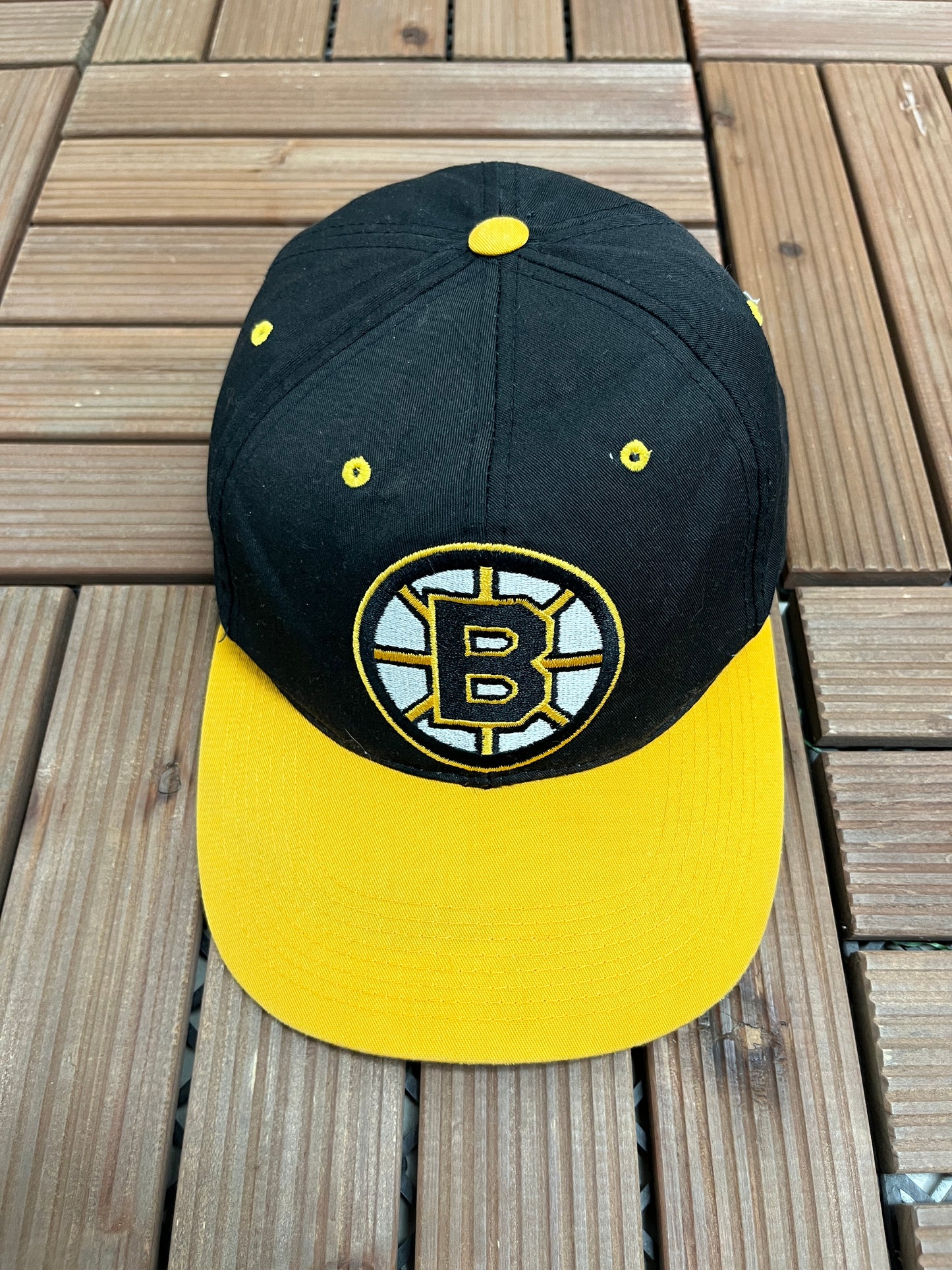 Boston Bruins Embroidered Graphic Hat | Snap Back | Vintage 1990s Sports Specialties NHL Hockey Black Cap |