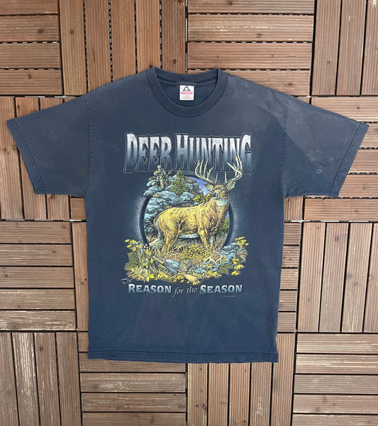 Deer Hunting Reason For The Season Graphic Tee | Size Large | Vintage 1990s Hunting Blue T-Shirt |