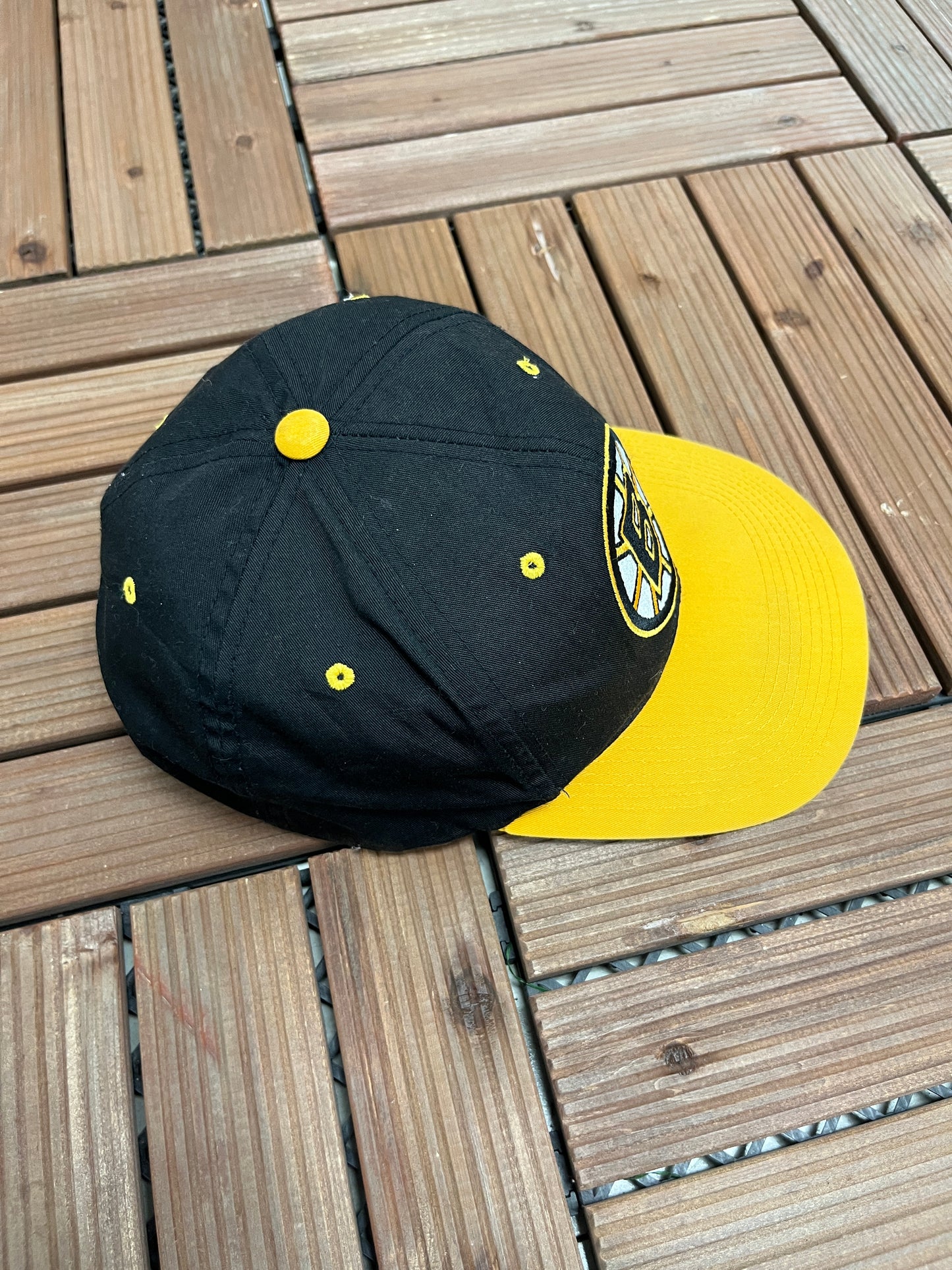 Boston Bruins Embroidered Graphic Hat | Snap Back | Vintage 1990s Sports Specialties NHL Hockey Black Cap |