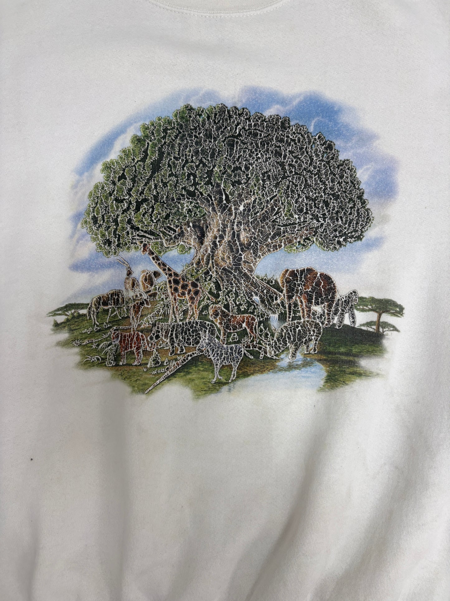 Disney's Animal Kingdom Graphic Crewneck | Size X-Large | Vintage 1990s White Cartoon Promotional Sweater |
