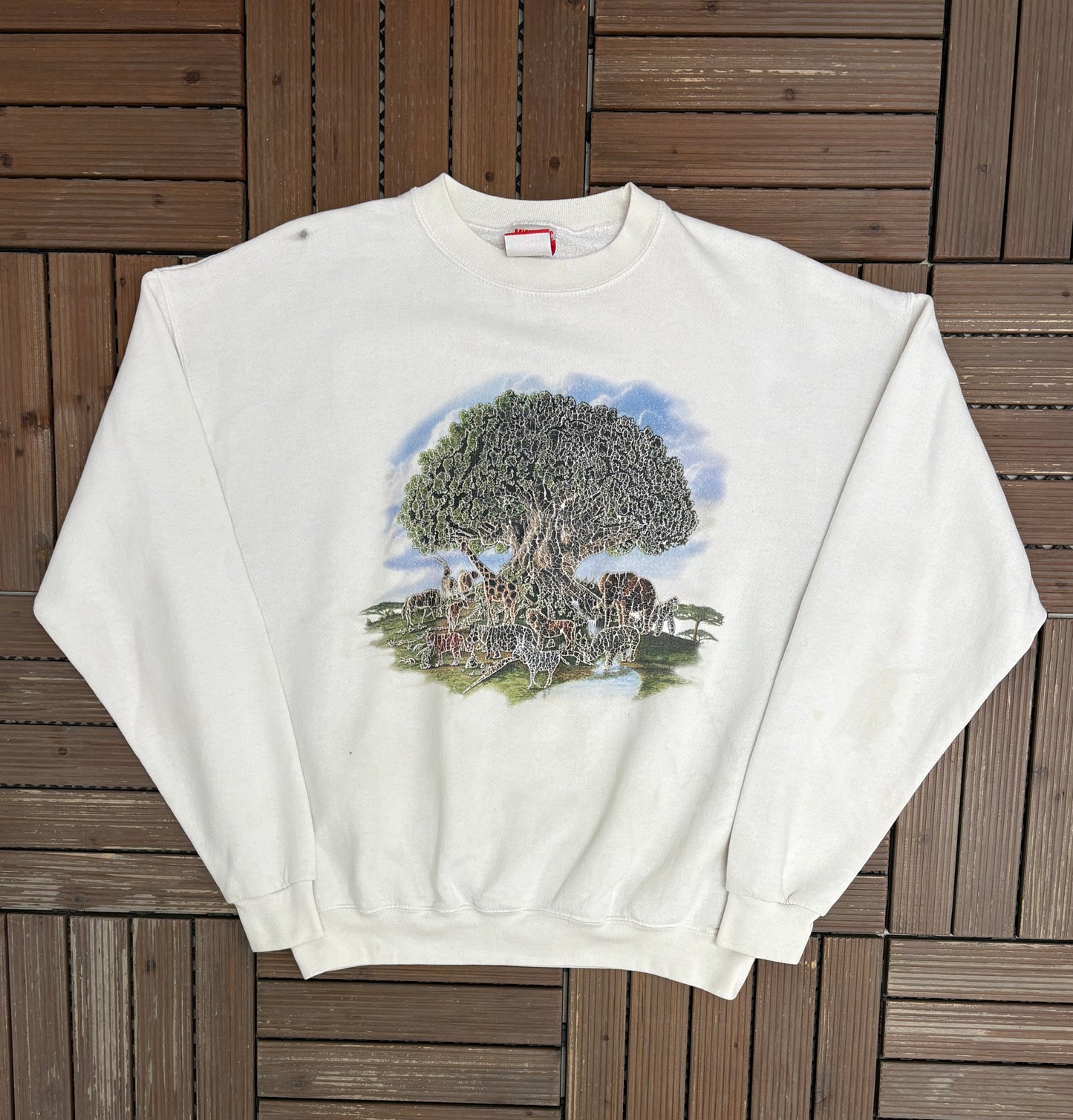 Disney's Animal Kingdom Graphic Crewneck | Size X-Large | Vintage 1990s White Cartoon Promotional Sweater |