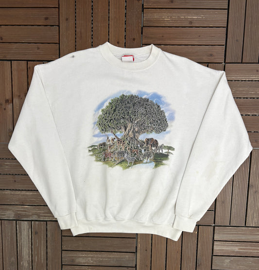 Disney's Animal Kingdom Graphic Crewneck | Size X-Large | Vintage 1990s White Cartoon Promotional Sweater |
