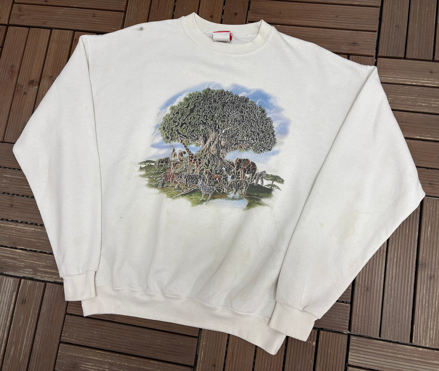 Disney's Animal Kingdom Graphic Crewneck | Size X-Large | Vintage 1990s White Cartoon Promotional Sweater |