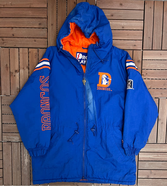 Denver Broncos Puffer Jacket | Size Large | Vintage 1990s NFL Football Pro Player Blue Jacket |