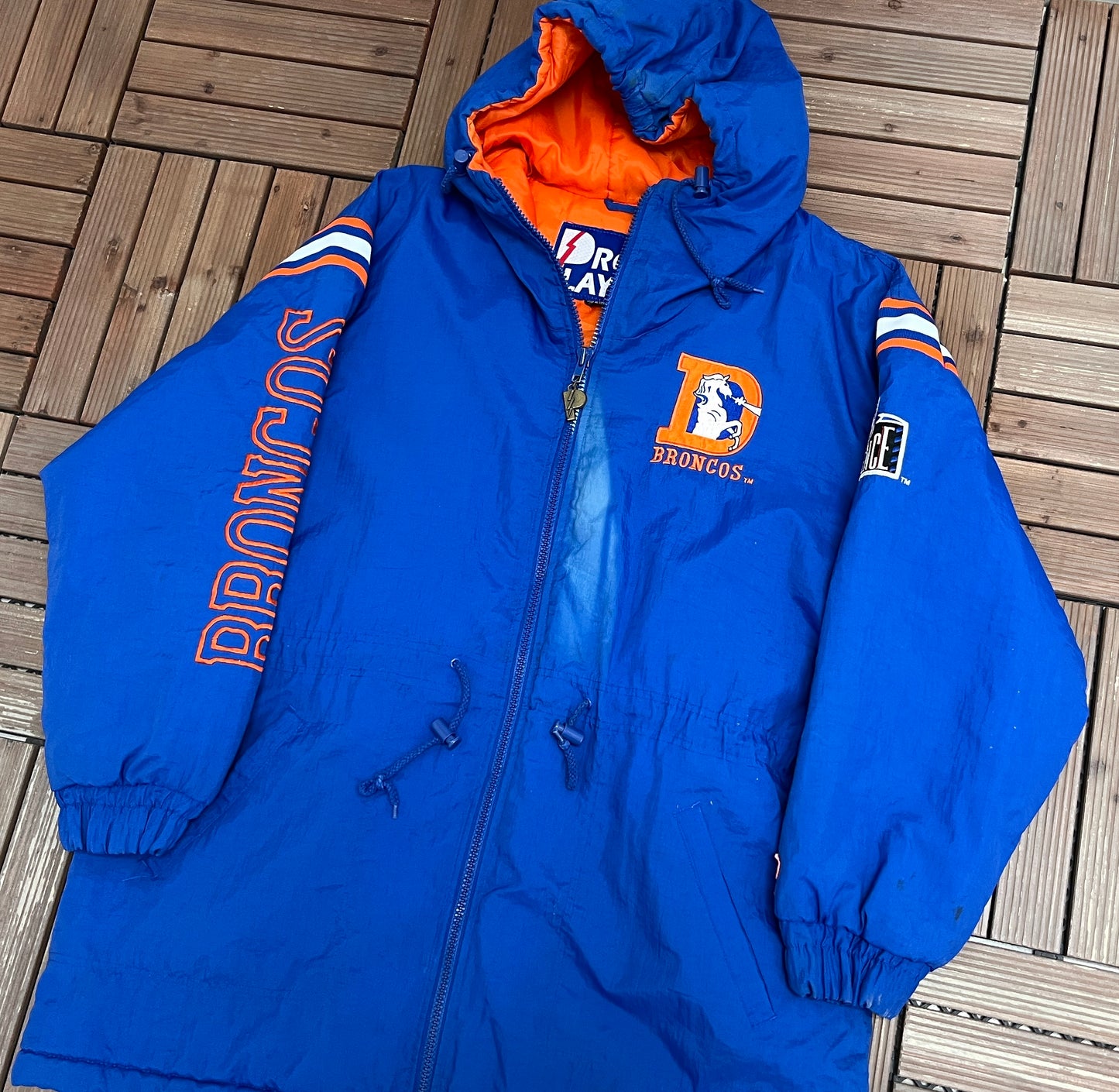 Denver Broncos Puffer Jacket | Size Large | Vintage 1990s NFL Football Pro Player Blue Jacket |