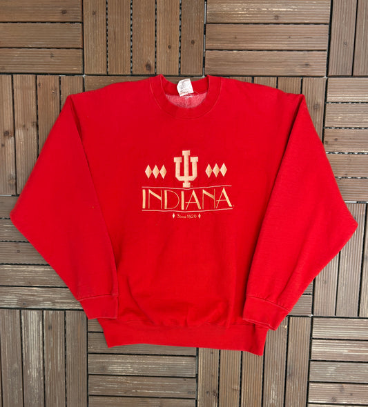 Indiana Hoosiers Embroidered Graphic Crewneck | Size Large | Vintage 1990s College Sports Red Sweater |