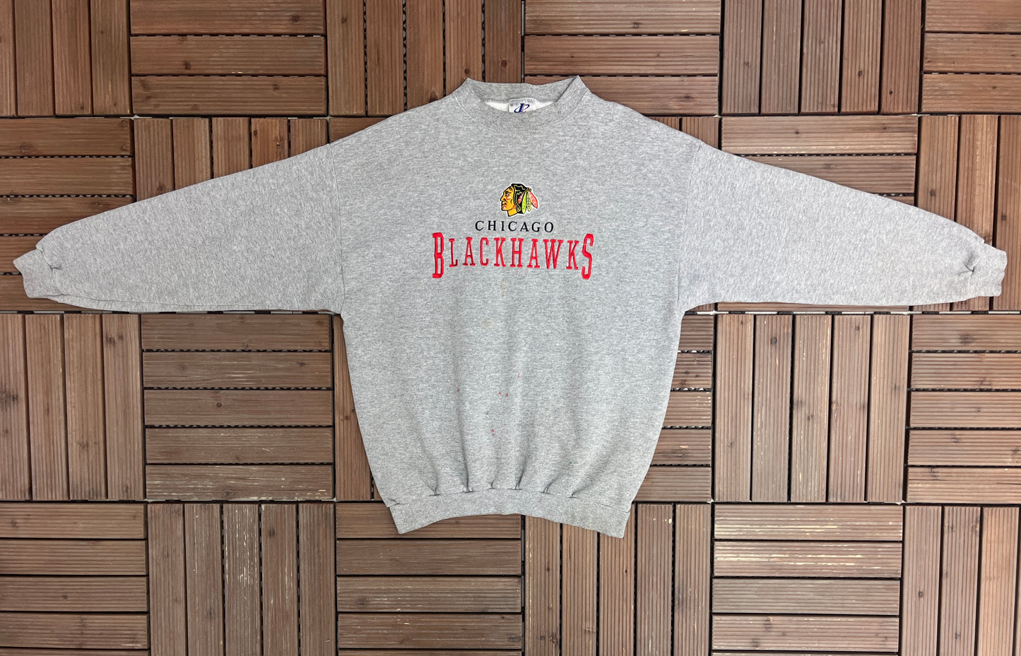 Chicago Blackhawks Embroidered Graphic Crewneck | Size Large | Vintage 1990s NHL Hockey Grey Sweater |