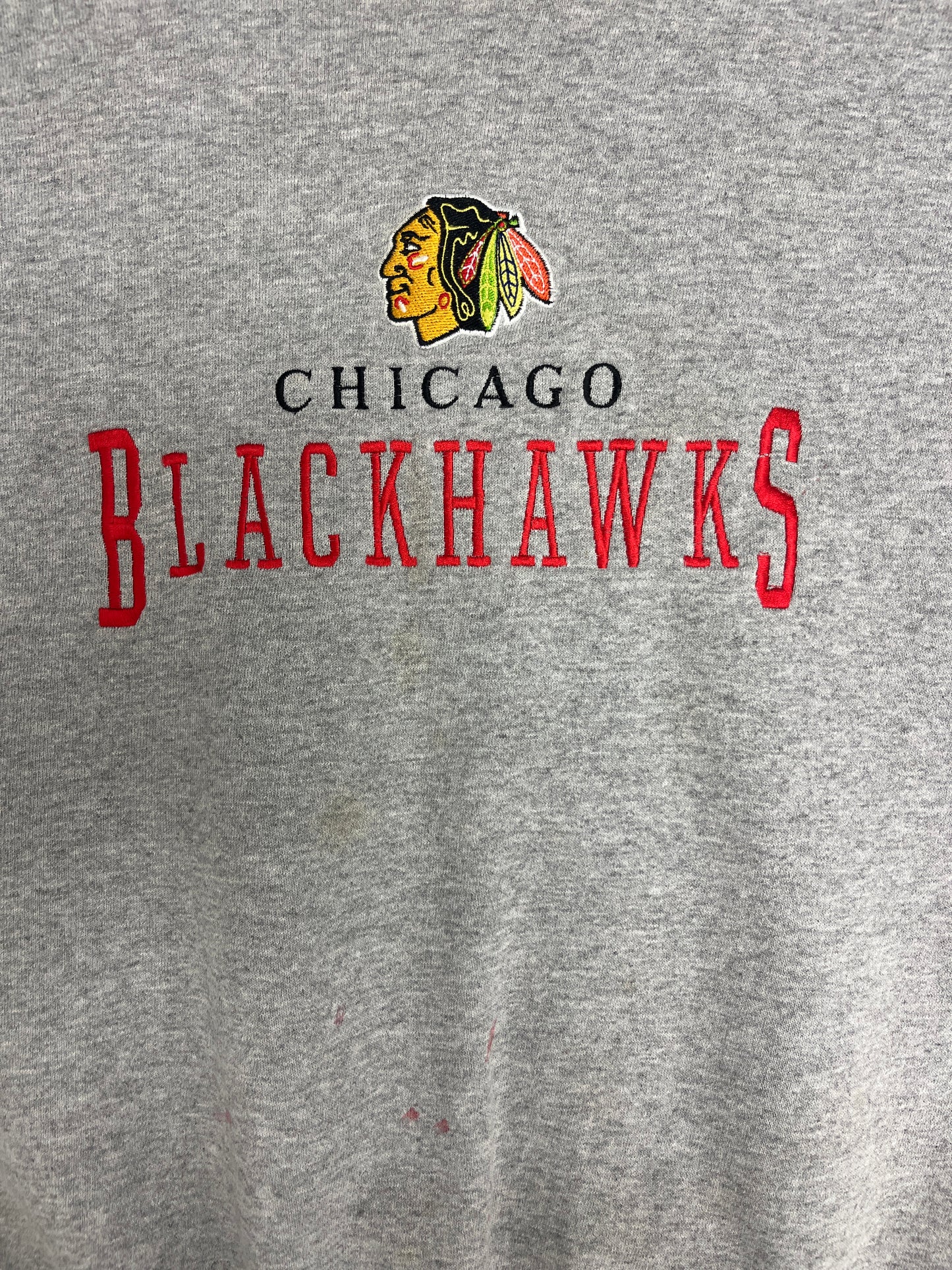 Chicago Blackhawks Embroidered Graphic Crewneck | Size Large | Vintage 1990s NHL Hockey Grey Sweater |