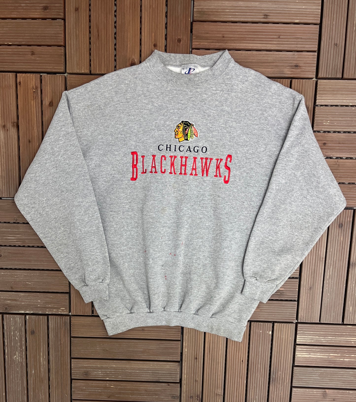 Chicago Blackhawks Embroidered Graphic Crewneck | Size Large | Vintage 1990s NHL Hockey Grey Sweater |