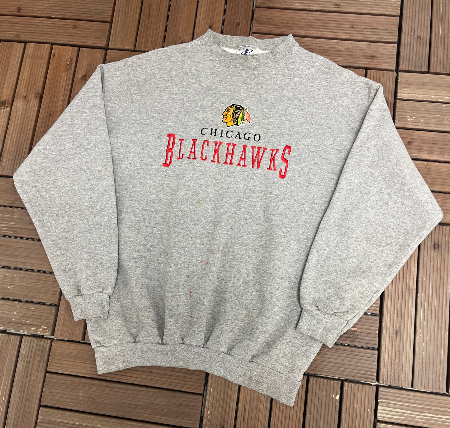 Chicago Blackhawks Embroidered Graphic Crewneck | Size Large | Vintage 1990s NHL Hockey Grey Sweater |