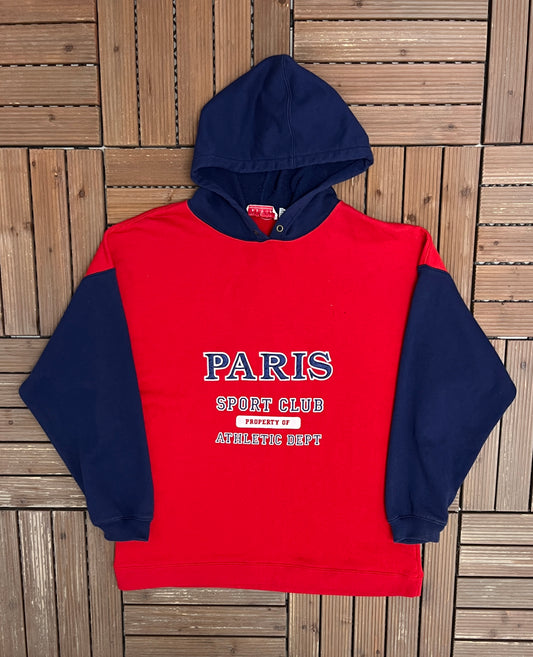 Paris Sport Club Athletic Dept Graphic Hoodie | Size Medium | Vintage 1990s Branded Red Sweatshirt |