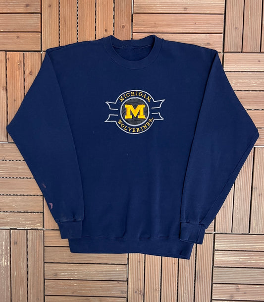 Michigan Wolverines Graphic Crewneck | Size Large | Vintage 1990s College Sports Blue Sweater |