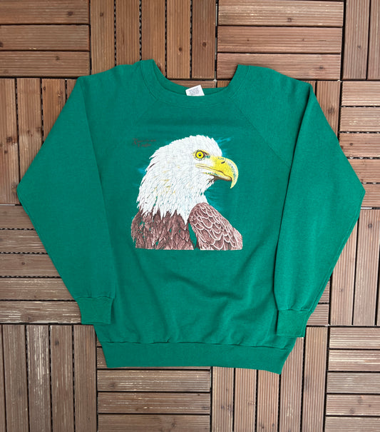 The American Eagle Graphic Crewneck | Size XX-Large | Vintage 1980s Animal Graphic Green Sweater | Made in USA |