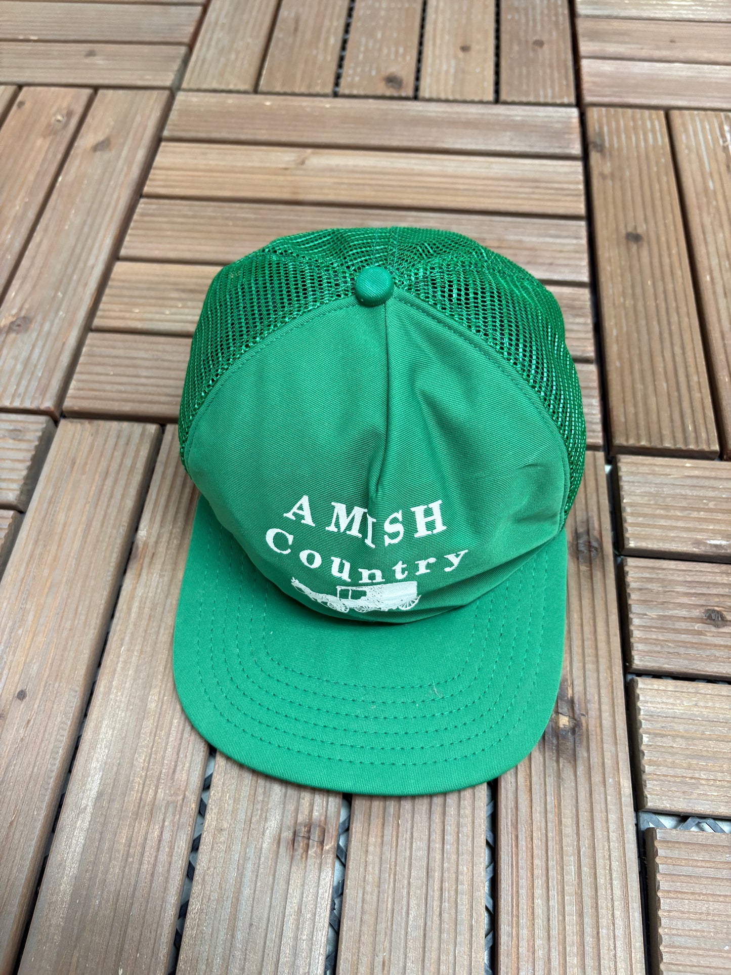 Amish Country Graphic Hat | Snap Back | Vintage 1990s Tourist Promotional Green Trucker Cap |