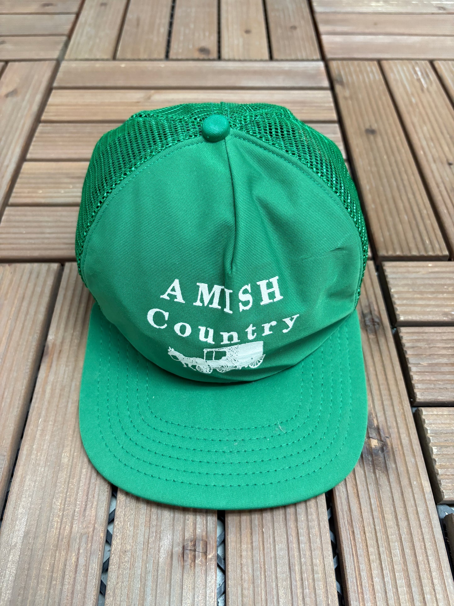 Amish Country Graphic Hat | Snap Back | Vintage 1990s Tourist Promotional Green Trucker Cap |