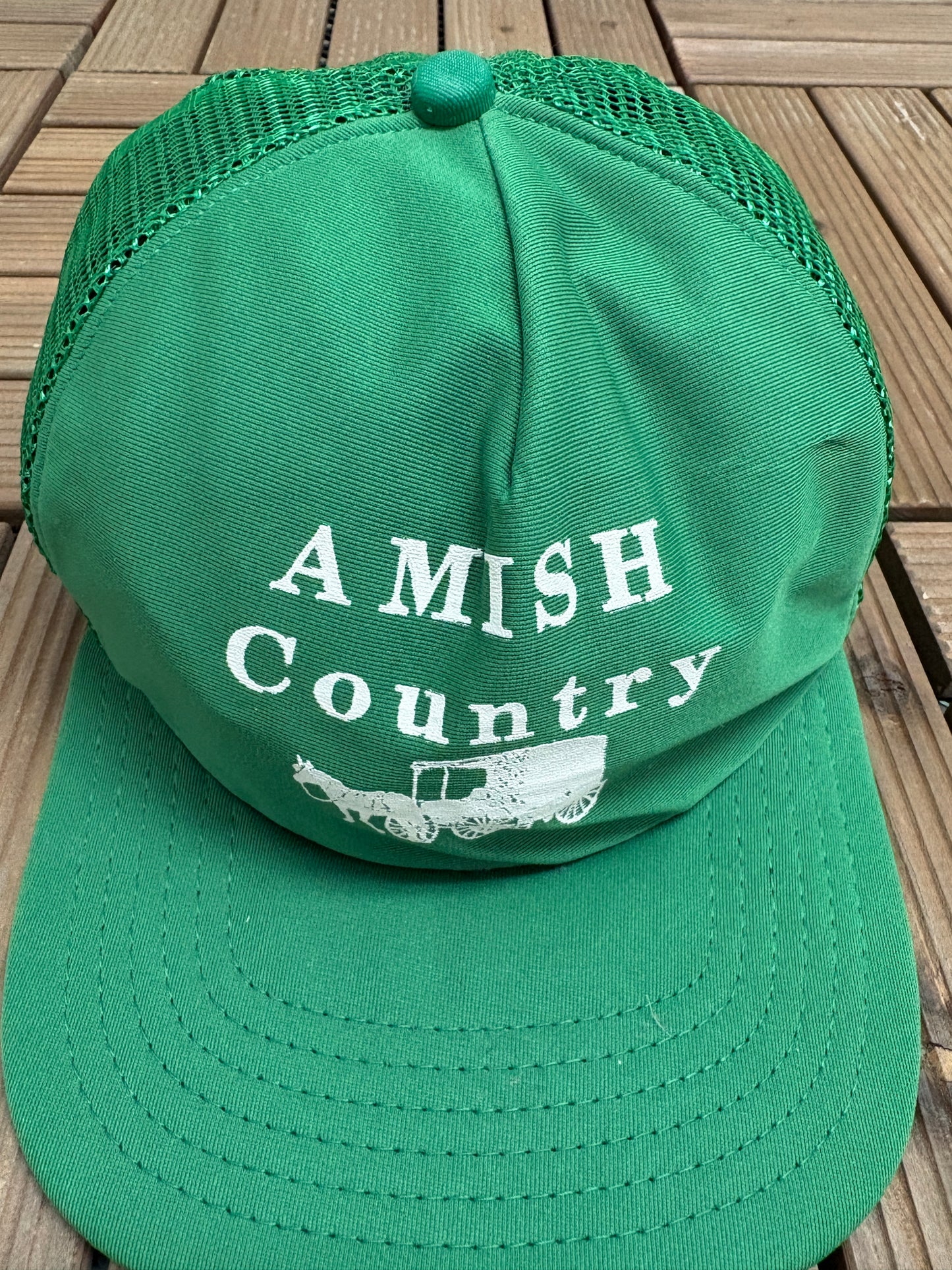 Amish Country Graphic Hat | Snap Back | Vintage 1990s Tourist Promotional Green Trucker Cap |