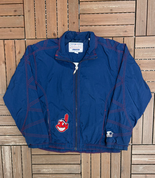 Cleveland Indians Stitched Windbreaker | Size Small | Vintage 1990s MLB Baseball Blue Jacket |