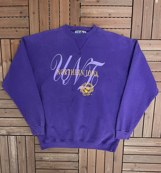 Northern Iowa Panthers Graphic Crewneck | Size X-Large | Vintage 1990s College Sports Purple Sweater |