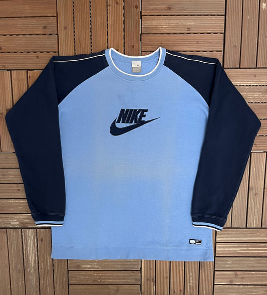 Nike Swoosh Embroidered Graphic Crewneck | Size XX-Large | Vintage 2000s Branded Blue Sweater |